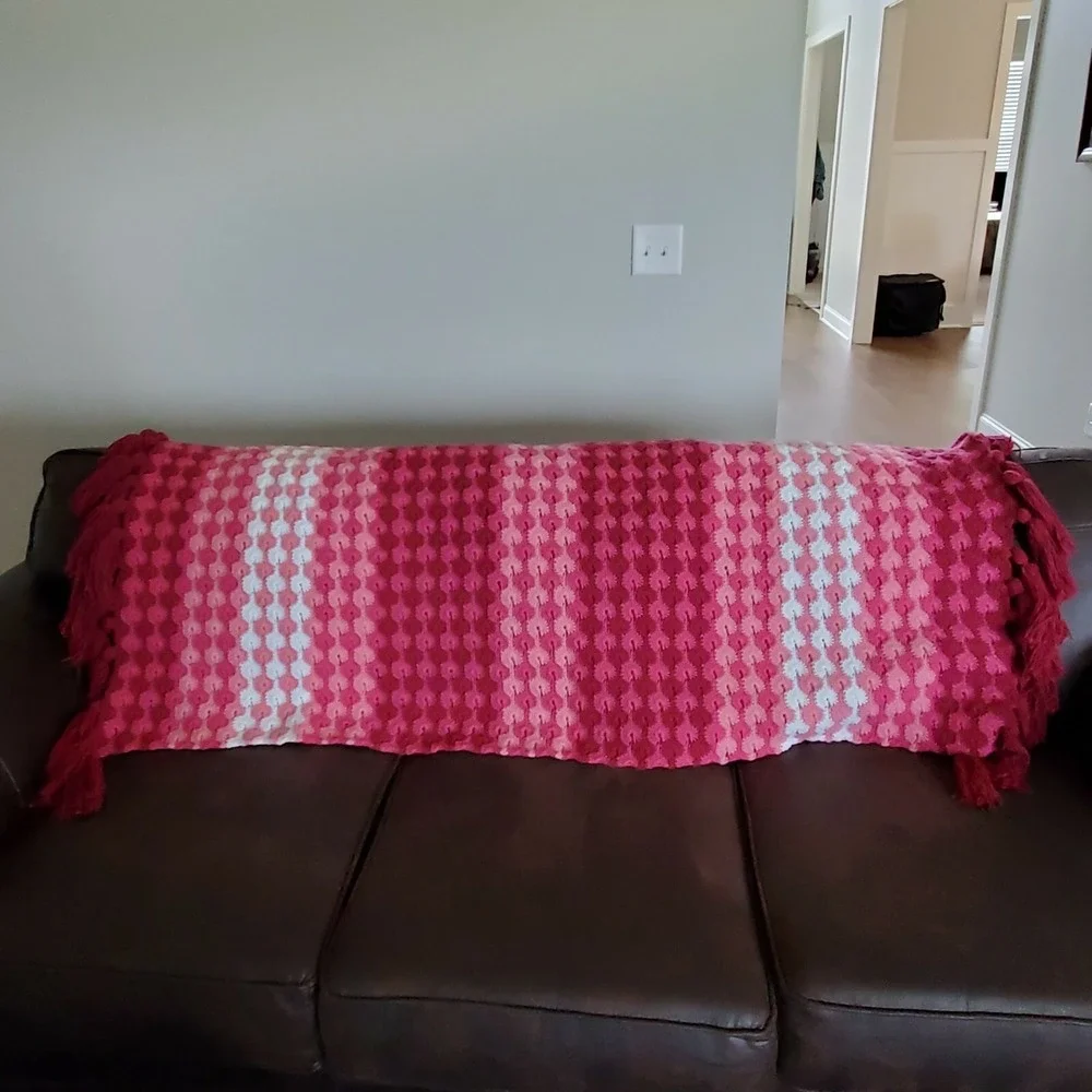 Afghan Handmade Maroon pink white 62L x 36W w/ 6